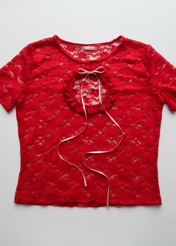 Top confeccionado en encaje suave y delicado, con una textura ligera que se adapta al cuerpo, creando un calce cómodo y favorecedor. Su diseño presenta una abertura frontal circular, enmarcada por un delicado fruncido, que aporta un detalle femenino y sutilmente sensual.

El lazo ajustable en el centro permite regular la abertura y añadir un toque romántico al diseño.