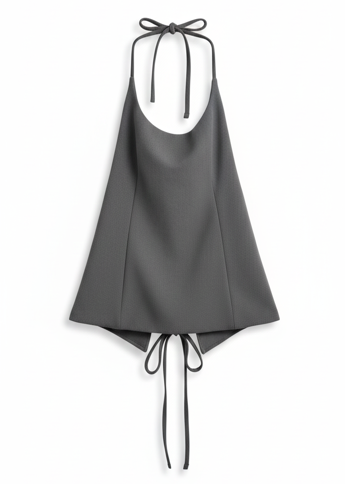 reinterpreta el halter clásico a través de una silueta fluida y un diseño de espalda abierta con lazadas ajustables que realzan la figura de manera sutil.


